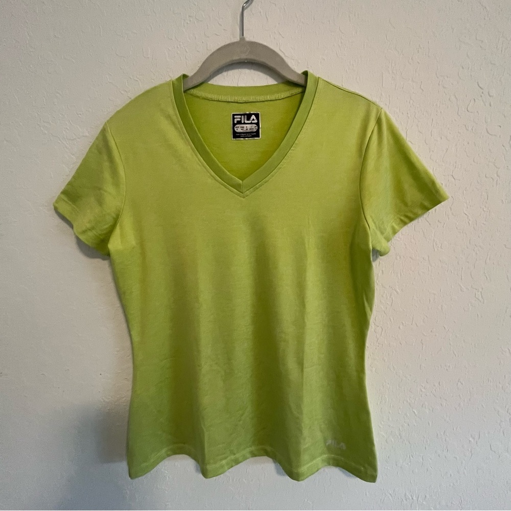 FILA Woman’s V-Neck Tee Shirt Activewear Yellow Green